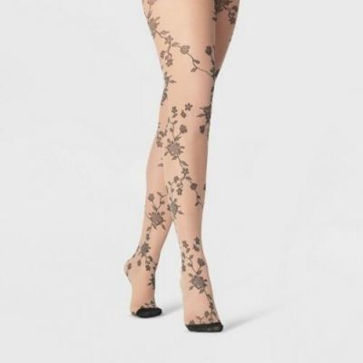 Women's Sheer Viney Floral Tights - A New Day Honey Beige/Black L/XL