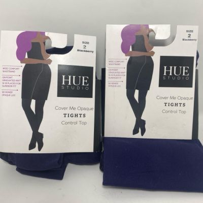 (2 Pack)Hue Studio Women's 90D Opaque Control Top Tights - Blackberry (Size 2)