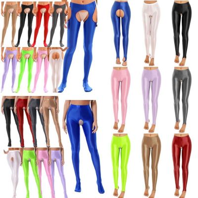 US Women's Glossy Stretchy Tights Pants Solid Open Crotch Pantyhose Stockings