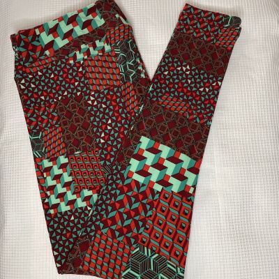 New Womans LuLaRoe Bordeaux Turquoise Red Square Cube Geo Pattern Leggings TC