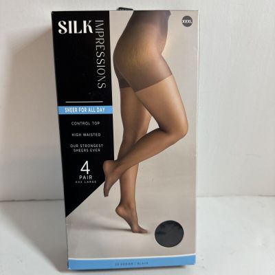 Silk Impressions 4 Pair Stockings High Waisted Sheer For All Day Black  XXXL