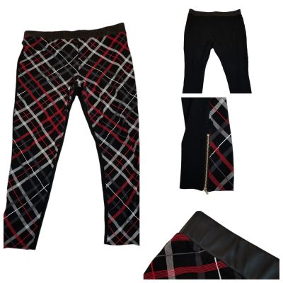 VENUS Faux Leather Detail Plaid Stretch Leggings Size Zip Ankle 1X Red Black NEW