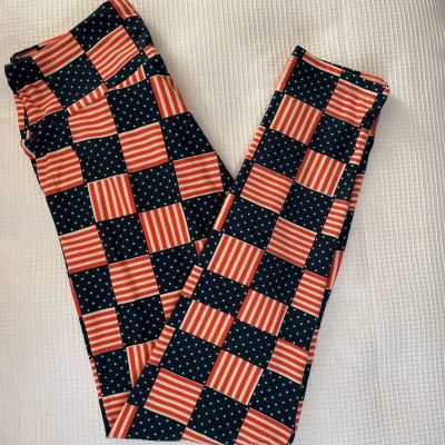 New Woman’s LuLaRoe Red Bone Stripe Navy Bone Star Flag Pattern Leggings OS