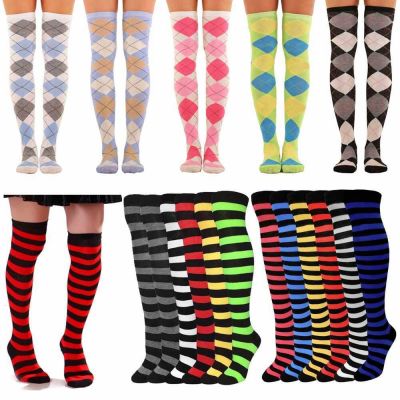 4 Pair Women Girls Long Socks Striped Over Knee Thigh High Stocking 9-11