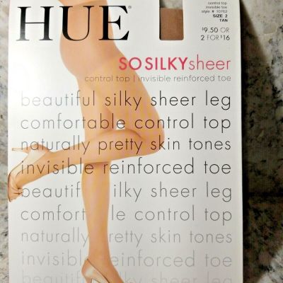 Hue 10762 Tan SO SILKY Control Top Invisible Toe Pantyhose Sz 2