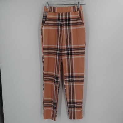 Tan Black Plaid Style Leggings w Pockets Size Small