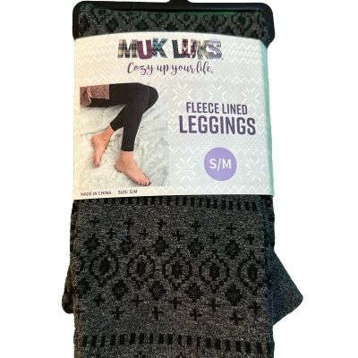 Muk Luks Fleece Lined Cropped Gray Black Winter Pattern Leggings Size S/M