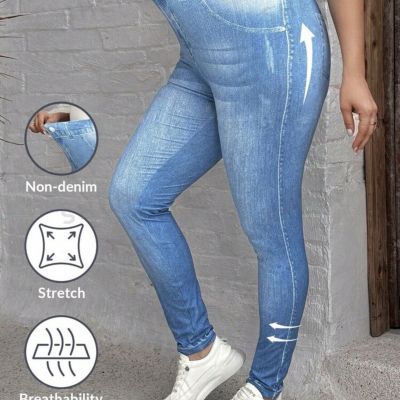 SHEIN LUNE Plus Size Casual Stretchy Skinny Leggings With Faux Denim Print