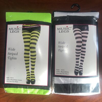 2x Brand New Opaque Wide Striped Tights Music Legs Neon Black / White Black