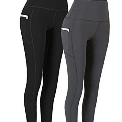 2 Pack High Waist Yoga Pants, Pocket Yoga Pants X-Small Black & Dark Grey