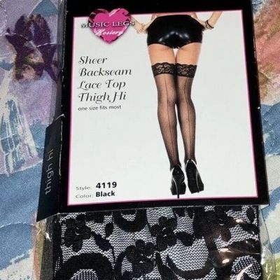 Music Legs backseam with cuban heel sheer Lace Top Thigh High Stockings OSFM NEW