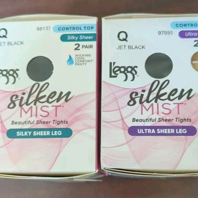 Leggs Silken Mist 4 PAIR / JET BLACK / Q Control Top Silky Sheer Tights #98137