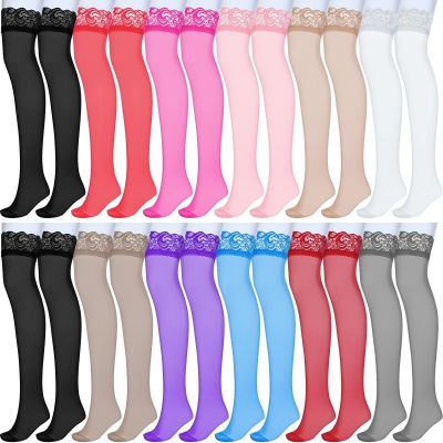 12 Pairs Thigh High Stockings Silicone Lace Top Stockings Semi Sheer Stocking...