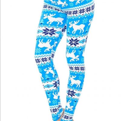 One Size Extra Plus Fits 22-28 Blue & White Snowflake Deer Women's Leggings