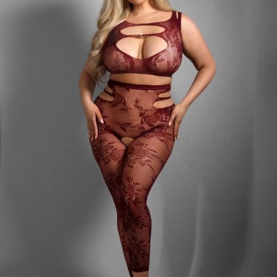 Fantasy Lingerie Sheer Queen Undivided Attention Top Crotchless Tights Burgundy