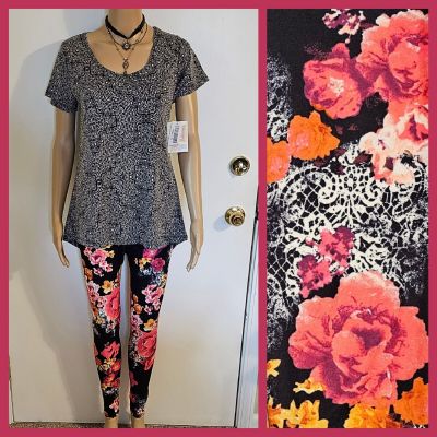 NWT SET BTS LuLaRoe XS Classic T Tee & CP Lace Roses Tween-OS Adult 0-4 Leggings