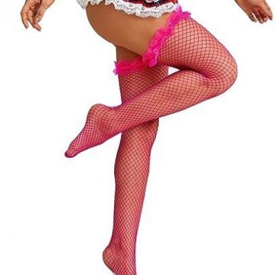 Women's Fishnet Thigh High Stockings Sexy Sheer One Size Fluorescent Pink