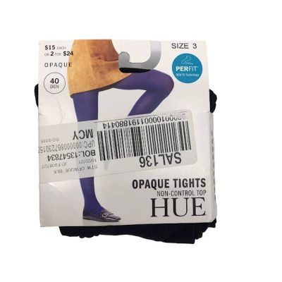 HUE Women's Opaque Non Control Top Tights 3 Wide Waistband PerFit 40Den Black