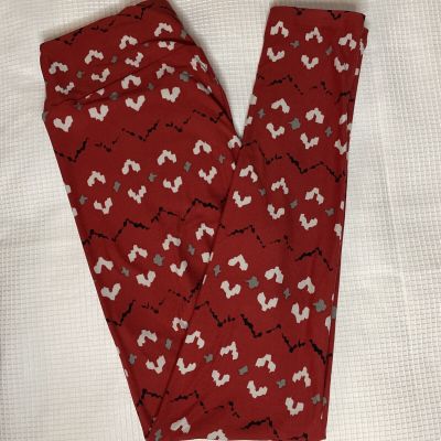 New Woman’s LuLaRoe Dark Red Bone Heart Gray Geo Pattern Leggings OS