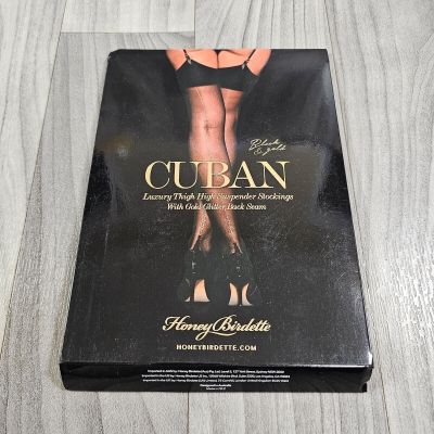 NIB Honey Birdette Cuban Black Stockings with Gold Back Seam Size Medium