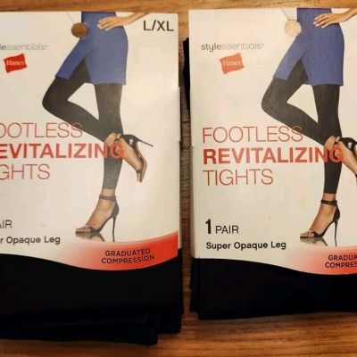 2 PAIRS Hanes Women's L XL Footless Revitalizing Compression Tights BLACK #13424