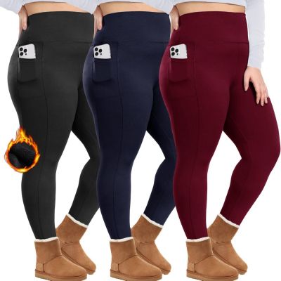 1/3 Pack plus Size Fleece Lined Leggings with Pockets for Women - Black Thermal