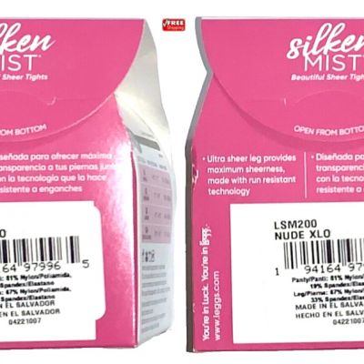 L'eggs Silken Mist Pantyhose Ultra Sheer Leg Control Top Size A-NUDE SMALL 2Pack