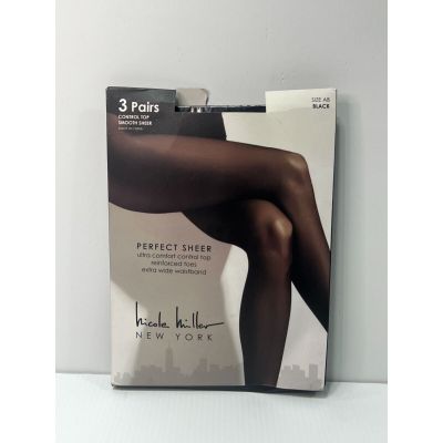 Nicole Miller - 3 Pairs Control Top - Smooth Sheer - Black - Size AB