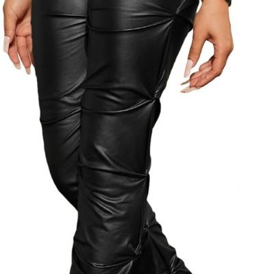 Women'S Faux Leather Ruched Leggings High Waisted PU Leather Stacked Split Skinn