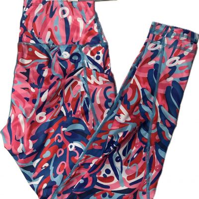 Simply Southern Sport Leggings NEW-Rainforest Pink Blue Print Size LARGE-