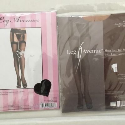 Leg Avenue Sheer Lace Top Stockings With Garter Belt LOT OF 2 BLACK & NUDE NIP