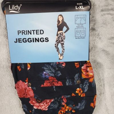 Lildy Jeggings Womens L-XL Printed Floral Pockets