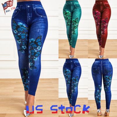 Women Butterfly Print Leggings Denim Look Stretch Skinny Yoga Gym Workout Jogger