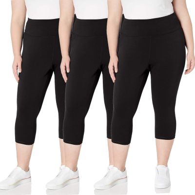 TNNZEET 3 Pack Plus Size Capri Leggings with Pockets for Women, High Waisted Bla