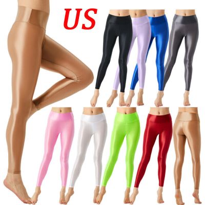 US Womens Tight Slimming Glossy Workout Capri Pants High Waist Stretchy Trousers