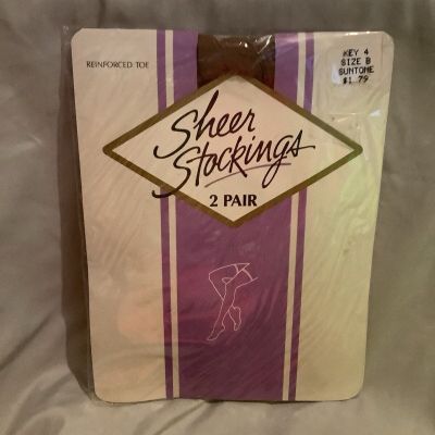 Vintage Pkg 2 Pair Sheer Thigh High Stockings~Suntone~Size B~Reinforced Toe~USA