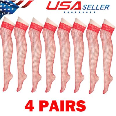 4Pair Red Women Stockings Lace Mesh High Thigh Fishnet Sexy Long Pantyhose HOT