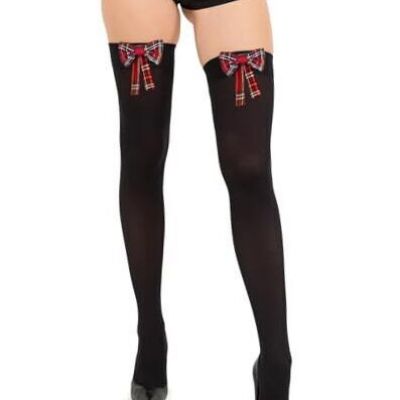 Opaque Thigh High Bow Stockings for Women Thigh Highs One Size Black/Plaid