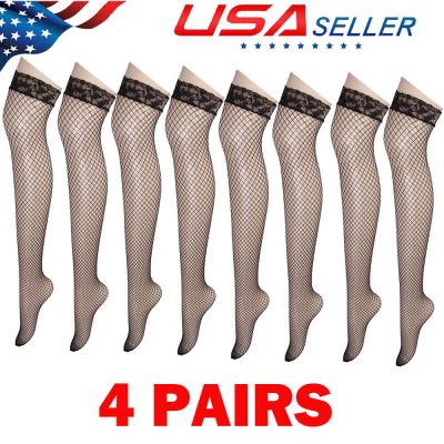 4Pair Black Women Stockings Lace Mesh High Thigh Fishnet Sexy Long Pantyhose NEW