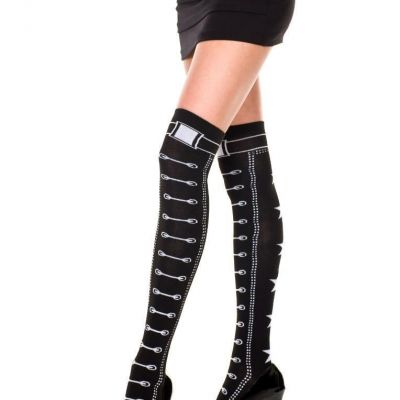 sexy MUSIC LEGS faux LACE up BELT buckles STAR back SEAM thigh HIGHS stockings