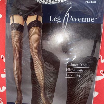 Leg Avenue Retro Sexy  Black Fishnet Lace Top Thigh Highs Stockings Plus Size OS