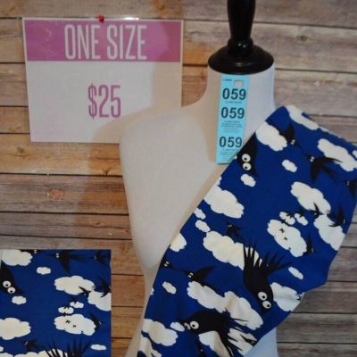 LLR One Size Leggings Comical Animated Black Bird on Field of Blue w/Clouds