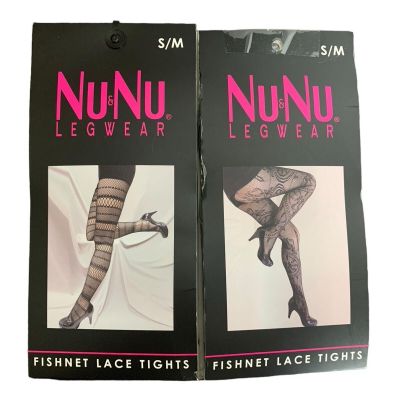 Nu & Nu Fishnet Lace Tights  Assorted 2 Pair Pack Small/Medium Black New!