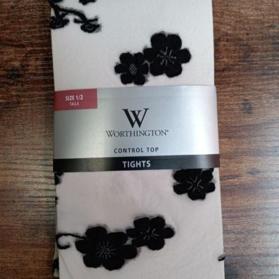 Worthington Control Top Tights White with Black Flowers Size 1/2 Talla