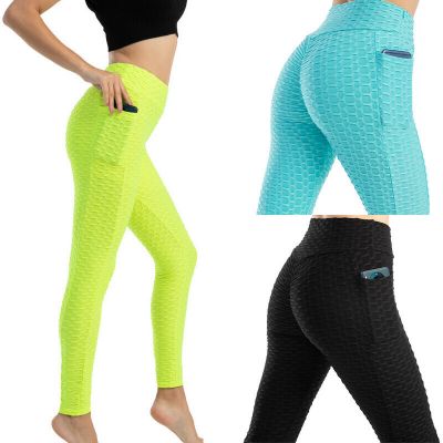 Women's Push Up Bubble w/Pockets Leggings Sport Running Yoga Gym Pants Trousers