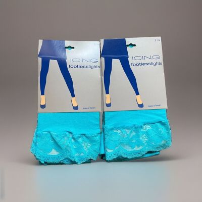 Pack Lot of 2 Footless Tights SoftTouch Blue With Lace Detail sz S-M Nylon