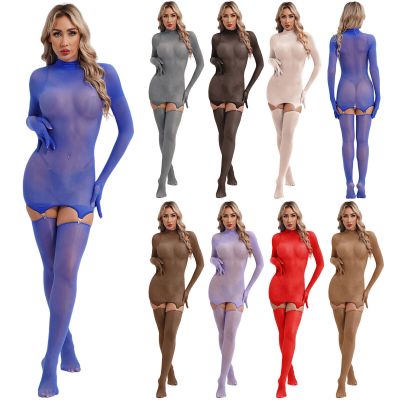 Womens Bodysuit Gloved Sleeve Nightwear Adult Dress Suspender Tights Lingerie