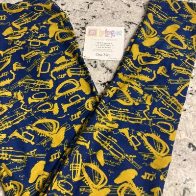 LuLaRoe One Size Leggings Navy with Brass Instruments in Gold