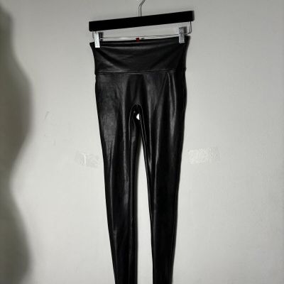Spanx Legging Womens Black Faux Leather Shinny Shaping Pull On Stretch SZ S