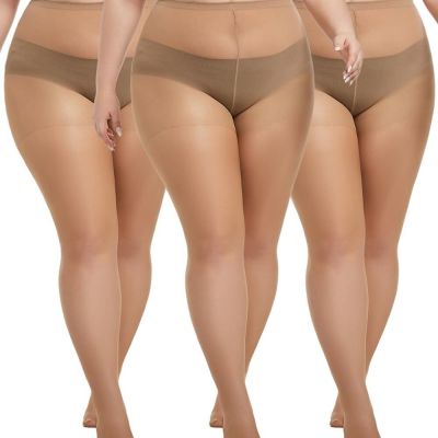 3 Pairs Plus Size Sheer Tights for Women, 20D Ultra Thin High Waist Control Top